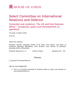 Select Committee on International Relations and Defence Corrected Oral Evidence: the UK and Sub-Saharan Africa – Prosperity, Peace and Development Co- Operation