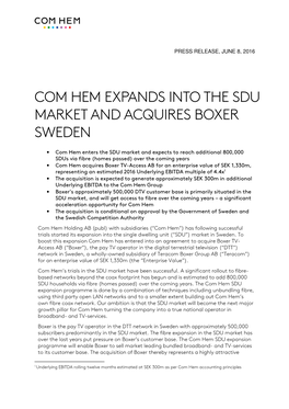 Com Hem Expands Into the Sdu Market and Acquires Boxer Sweden