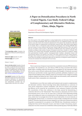 A Paper on Detoxification Procedures in North Central Nigeria. Case Study: Federal College of Complementary and Alternative Medicine, Clinic, Abuja, Nigeria