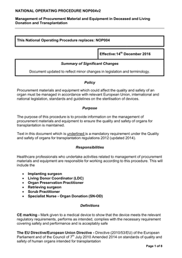 NATIONAL OPERATING PROCEDURE Nop004v2 Management of Procurement Material and Equipment in Deceased and Living Donation and Trans