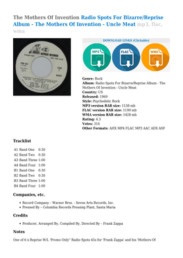 The Mothers of Invention Radio Spots for Bizarre/Reprise Album - the Mothers of Invention - Uncle Meat Mp3, Flac, Wma