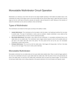 Monostable Multivibrator Circuit Operation