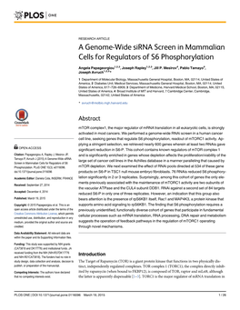 A Genome-Wide Sirna Screen in Mammalian Cells for Regulators of S6 Phosphorylation