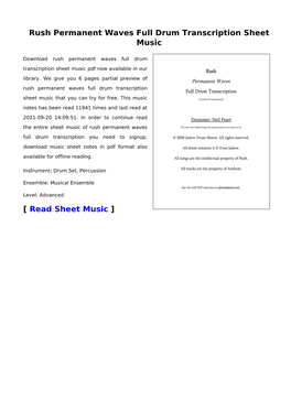 Rush Permanent Waves Full Drum Transcription Sheet Music