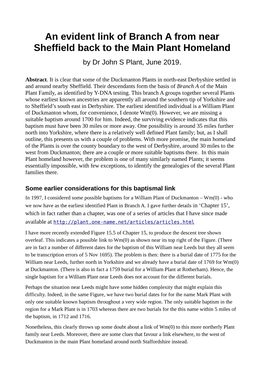 An Evident Link of Branch a from Near Sheffield Back to the Main Plant Homeland by Dr John S Plant, June 2019