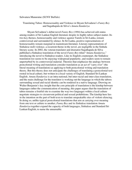 Translating Taboo: Homosexuality and Violence in Shyam Selvadurai’S Funny Boy and Sugathapala De Silva’S Amutu Ilandariya