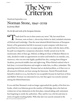 Norman Stone, 1941–2019 by Jeremy Black Published in the New Criterion September 2019