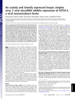 An Acutely and Latently Expressed Herpes Simplex Virus 2 Viral Microrna Inhibits Expression of ICP34.5, a Viral Neurovirulence Factor