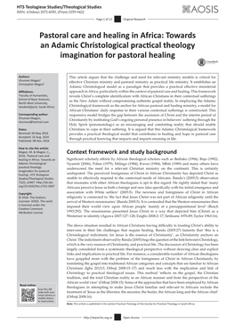 Pastoral Care and Healing in Africa: Towards an Adamic Christological Practical Theology Imagination for Pastoral Healing