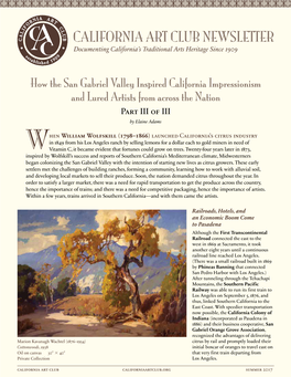 CALIFORNIA ART CLUB NEWSLETTER Documenting California’S Traditional Arts Heritage Since 1909