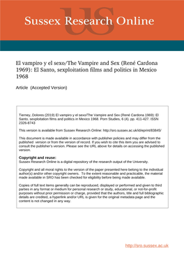 El Vampiro Y El Sexo/The Vampire and Sex (René Cardona 1969): El Santo, Sexploitation Films and Politics in Mexico 1968