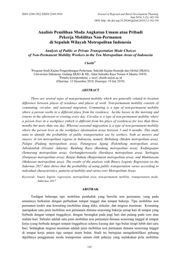 Analisis Pemilihan Moda Angkutan Umum Atau Pribadi Pekerja Mobilitas Non-Permanen Di Sepuluh Wilayah Metropolitan Indonesia