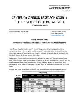 CENTER for OPINION RESEARCH (COR) at the UNIVERSITY of TEXAS at TYLER Texas Opinion Survey