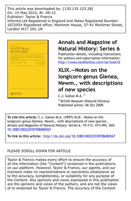 Notes on the Longicorn Genus Glenea, Newm., with Descriptions of New Species C.J
