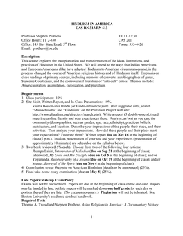 1 HINDUISM in AMERICA CAS RN 313/RN 613 Professor Stephen Prothero TT 11-12:30 Office Hours