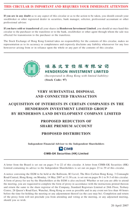 Very Substantial Disposal and Connected Transaction Acquisition of Interests in Certain Companies in the Henderson Investment Li