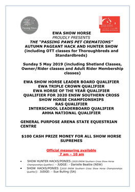 EWA SHOW HORSE PROUDLY PRESENTS the “PASSING PAWS PET CREMATIONS” AUTUMN PAGEANT HACK and HUNTER SHOW (Including OTT Classes for Thoroughbreds and Standardbreds)