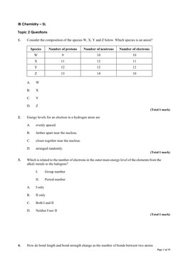 SL Topic 2 Questions 1. Consider the Composition of the Species W, X, Y