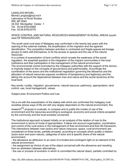 LANGLOIS MICHEL Michel.Langlois@Mpl.Ird.Fr Laboratory of Rural Studies IRD, BP 5045 34.032 Montpellier Cedex 1 Tél