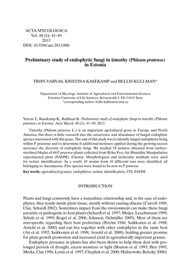 Preliminary Study of Endophytic Fungi in Timothy (Phleum Pratense) in Estonia