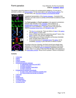 Fermi Paradox from Wikipedia, the Free Encyclopedia Jump To: Navigation, Search