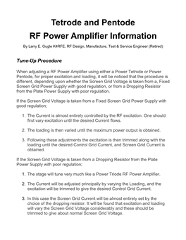 Tetrode and Pentode RF Power Amplifier Information