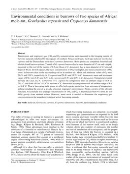 Environmental Conditions in Burrows of Two Species of African Mole-Rat, Georhychus Capensis and Cryptomys Damarensis