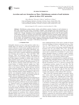 Accretion and Core Formation on Mars: Molybdenum Contents of Melt Inclusion Glasses in Three SNC Meteorites