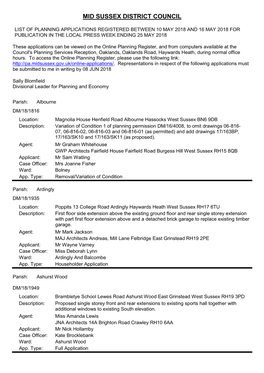 Planning Applications Received Between 10 May and 16 May 2018