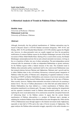 A Historical Analysis of Trends in Pakhtun Ethno-Nationalism