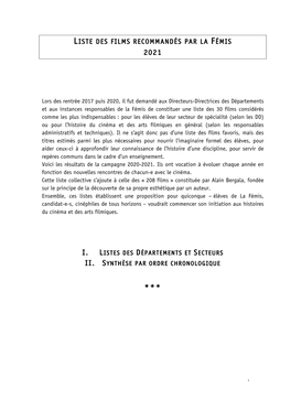 Liste Des Films FEMIS 2021 Par Départements Et Par Ordre Chronologique