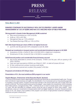 Assets Under Management up 16% at €22Bn and Nav at a Record High of €85.4 Per Share