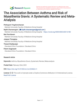 The Association Between Asthma and Risk of Myasthenia Gravis: a Systematic Review and Meta- Analysis