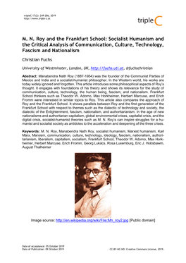 M. N. Roy and the Frankfurt School: Socialist Humanism and the Critical Analysis of Communication, Culture, Technology, Fascism and Nationalism