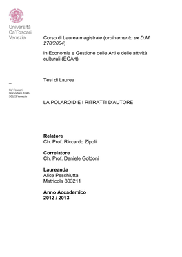 Corso Di Laurea Magistrale (Ordinamento Ex D.M. 270/2004) in Economia E Gestione Delle Arti E Delle Attività Culturali (Egart)