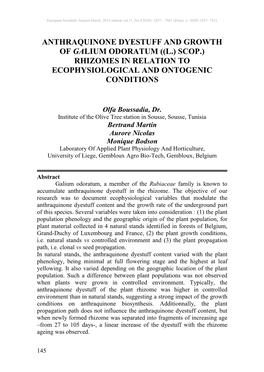 Anthraquinone Dyestuff and Growth of Galium Odoratum ((L.) Scop.) Rhizomes in Relation to Ecophysiological and Ontogenic Conditions