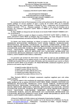 PREFETE DU PAS-DE-CALAIS Direction Des Politiques Interministérielles Bureau Des Procédures D'utilité Publique Et De L’Environnement Section Installations Classées