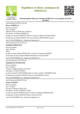 Sépultures Et Décès, Commune De PIONNAT