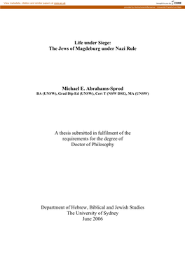 The Jews of Magdeburg Under Nazi Rule Michael E. Abrahams