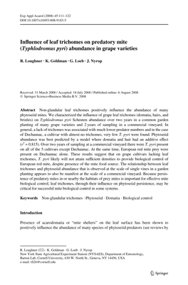 Inxuence of Leaf Trichomes on Predatory Mite (Typhlodromus Pyri) Abundance in Grape Varieties