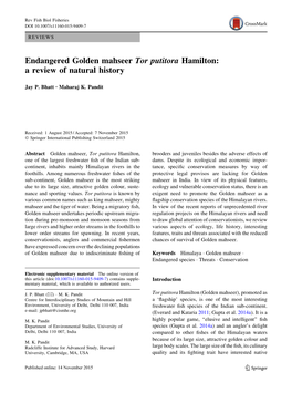 Endangered Golden Mahseer Tor Putitora Hamilton: a Review of Natural History