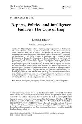 'Intelligence & WMD: Reports, Politics, and Intelligence Failures: the Case