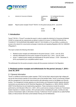 Report Auction Receipts Tennet TSO B.V. for the Period January 2018 - June 2019