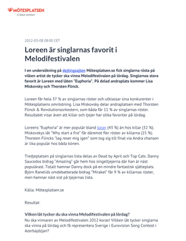 Loreen Är Singlarnas Favorit I Melodifestivalen