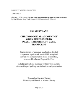 Uss Maryland Chronological Account of Work Performed by Pearl Harbor Navy Yard. Transcript