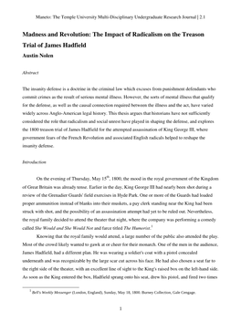 The Impact of Radicalism on the Treason Trial of James Hadfield Austin Nolen