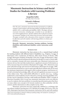 Mnemonic Instruction in Science and Social Studies for Students with Learning Problems: a Review Jacqueline Lubin Fort Hays State University Edward A