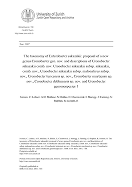 The Taxonomy of Enterobacter Sakazakii: Proposal of a New Genus Cronobacter Gen