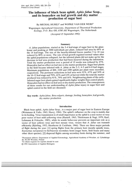 The Influence of Black Bean Aphid, Aphis Fabae Scop., and Its Hope:Rd~W 011 Leaj Growth An!} Dry 1Natter ' Production of Sugar Beet