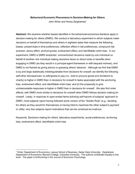 Behavioral Economic Phenomena in Decision-Making for Others John Ifcher and Homa Zarghamee1 Abstract: We Examine Whether Biases